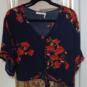♡Lush Dark Blue Crop Top with Red & Gold Floral Design♡